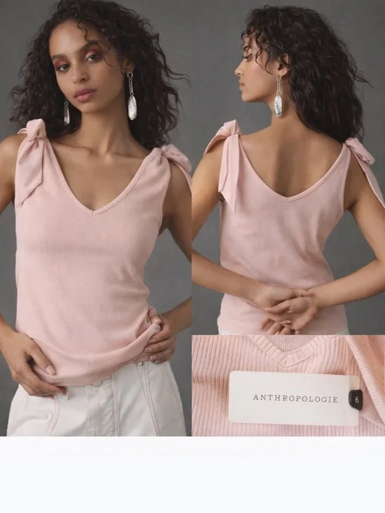 Maeve by Anthropologie Blush Pink Tie-Shoulder Ribbed Tank - Picture 1 of 10